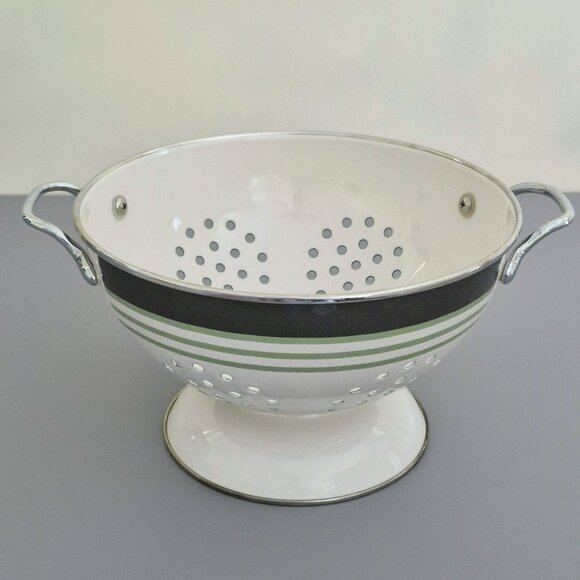 Vintage Pfaltzgraff Sphere Enamel Colander, Charcoal Gray & Green Stripes Modern - Picture 2 of 8